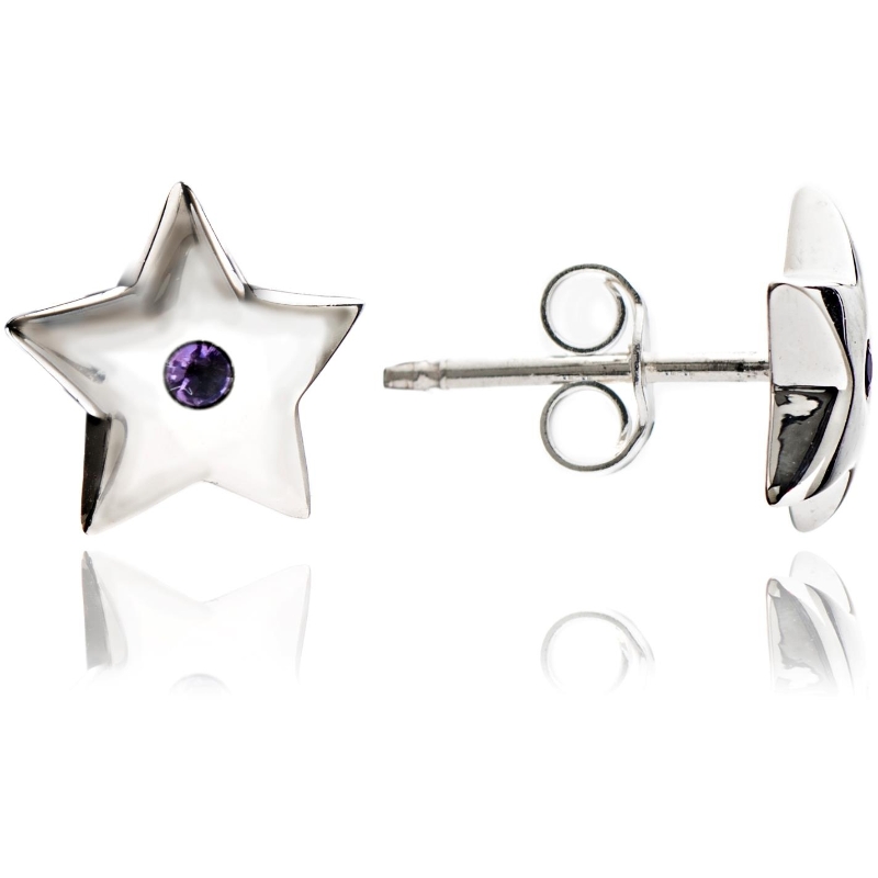 Dainty Oxidised 925 Sterling Silver Star Stud Earrings With Amethyst Stone